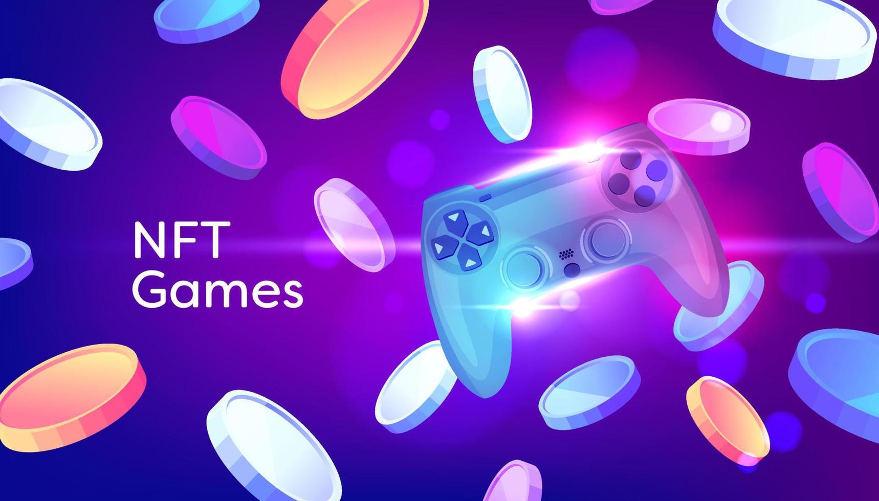 NFT Games Console. Game controller with Tokens crypto currency on purple background. vector