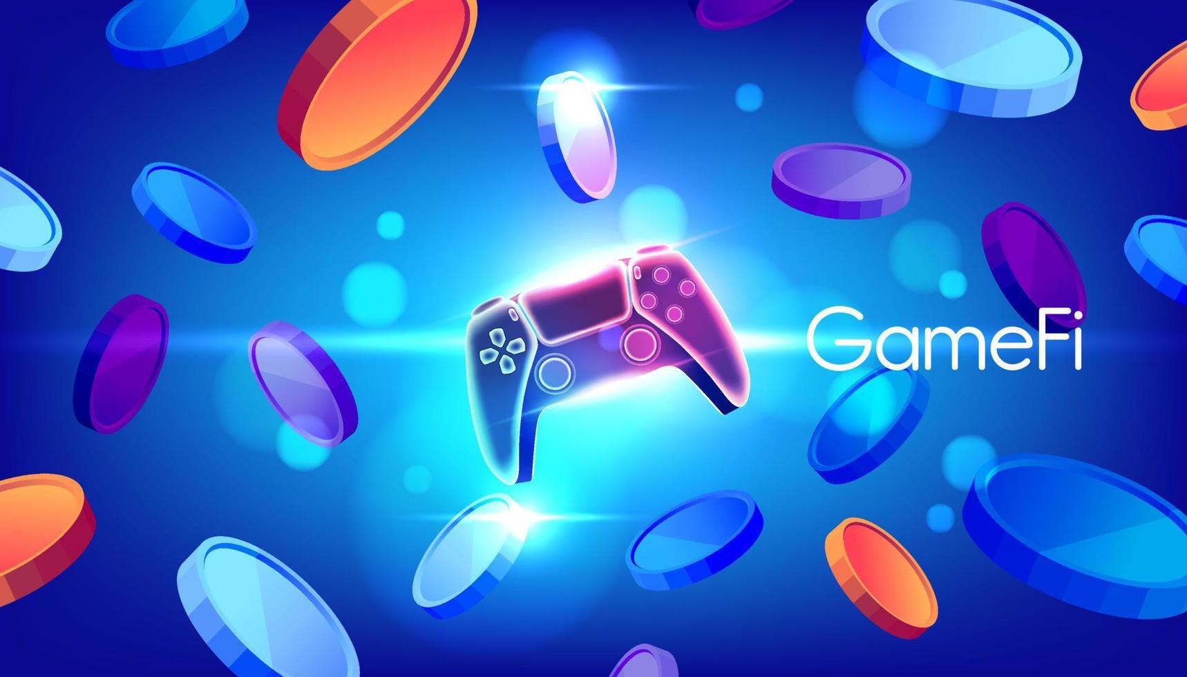 GameFi tokens crypto currency with game controller on blue background. vector
