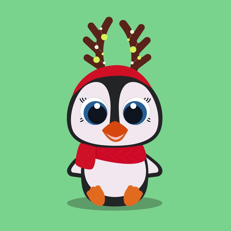 A cute New Year's penguin with horns and garlands, a red scarf and a hat vector