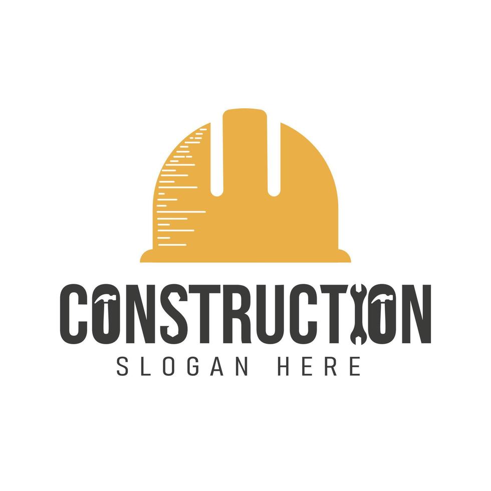 Construction logo in helmet construction symbol shaped word sign style with hammer, key, bolt elements. vector