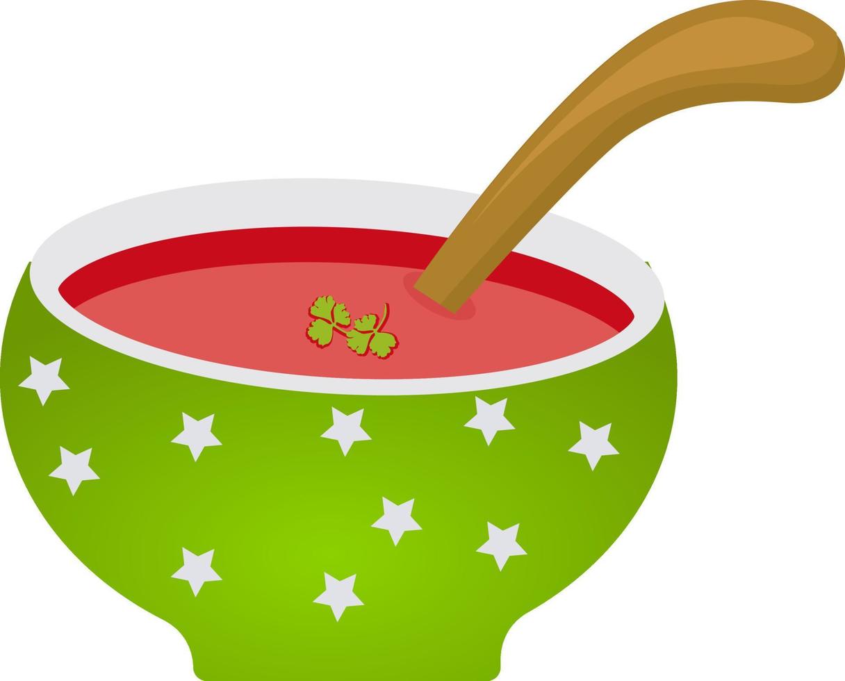 Deliciosa sopa de tomate, ilustración, vector sobre fondo blanco.