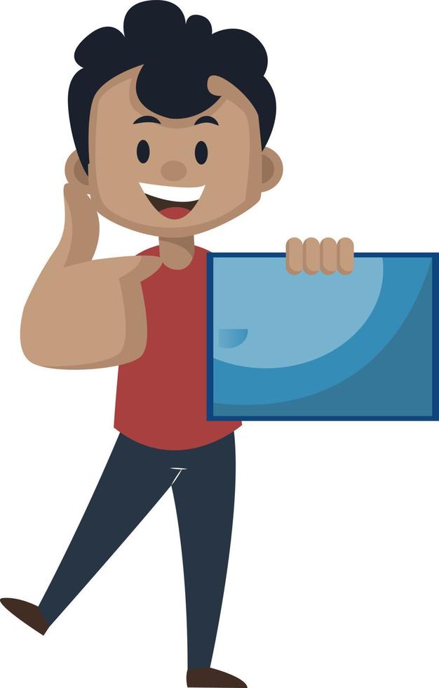 Boy is is pointing on a board sign, illustration, vector on white background.