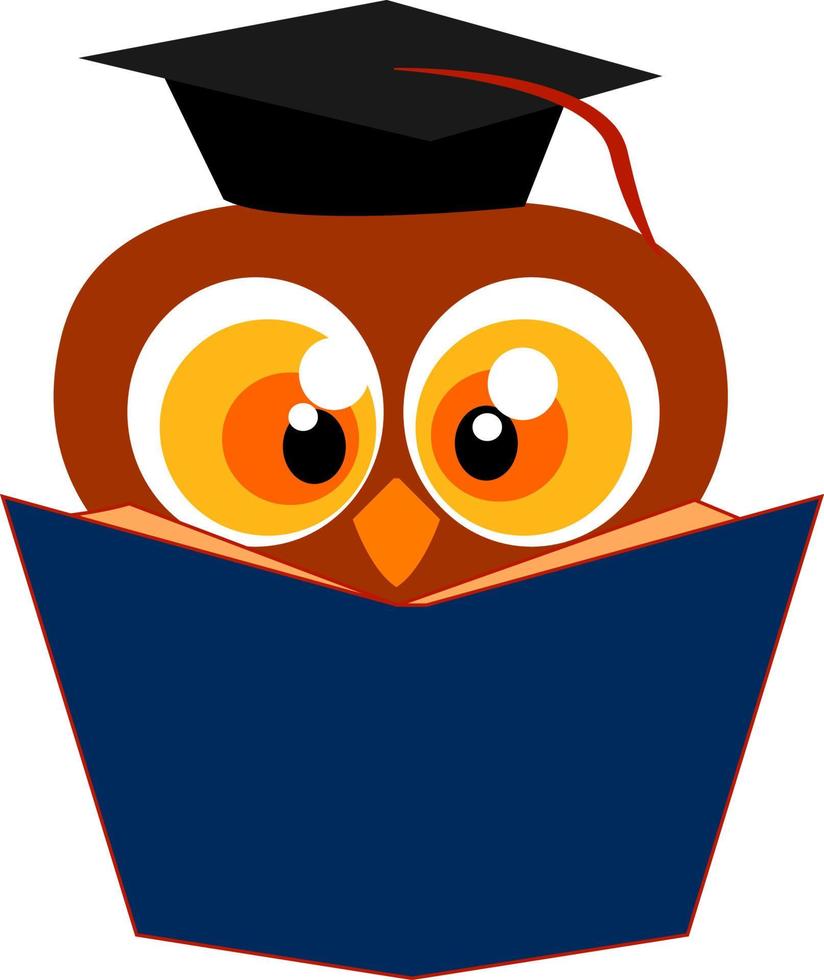 Owl reading a book, illustration, vector on white background.