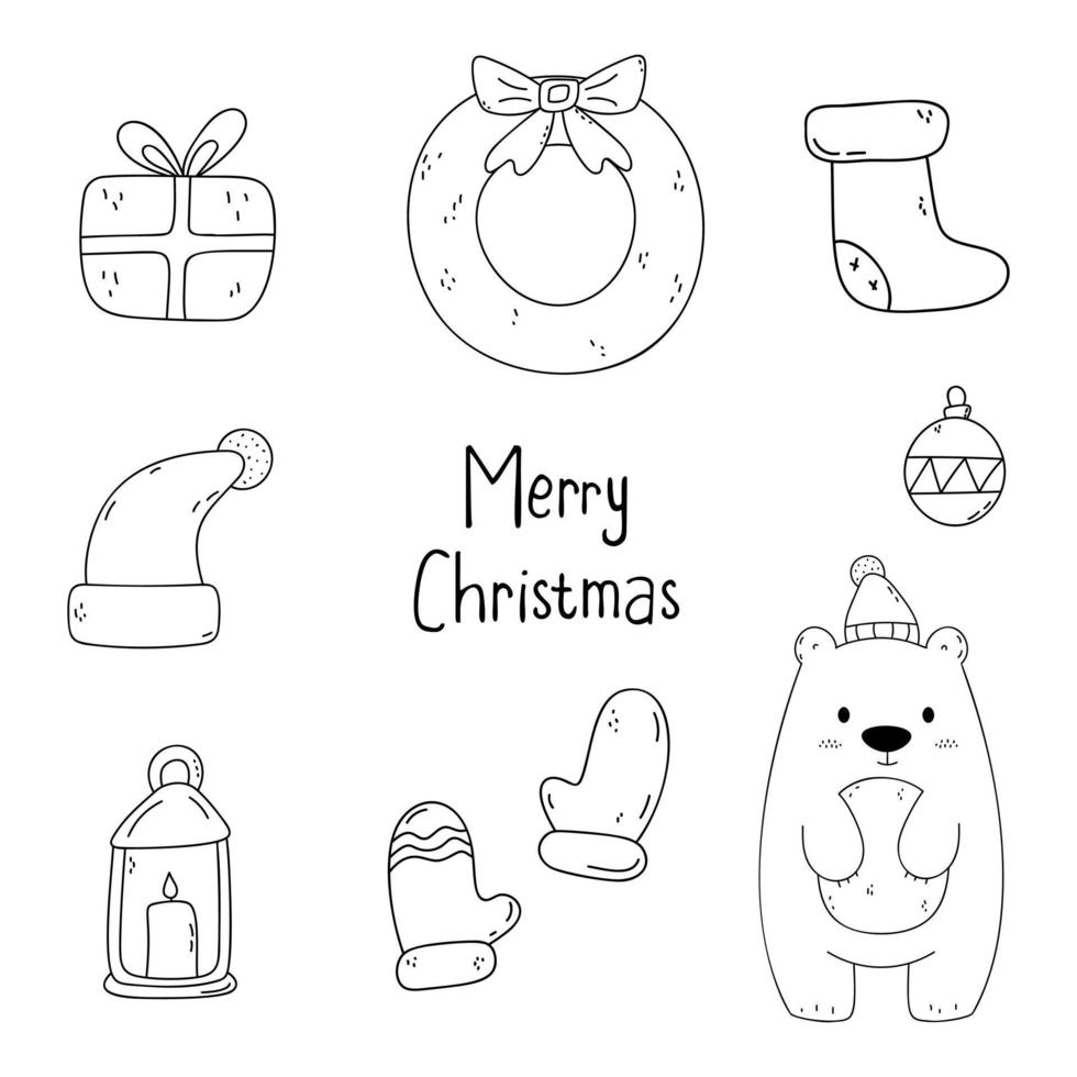 Christmas hand drawn elements. Set of Santa Claus - gift, christmas socks, wreath, hat, candle lantern, ball, glove, white bear in a knitted cap. Cute winter doodle set. vector