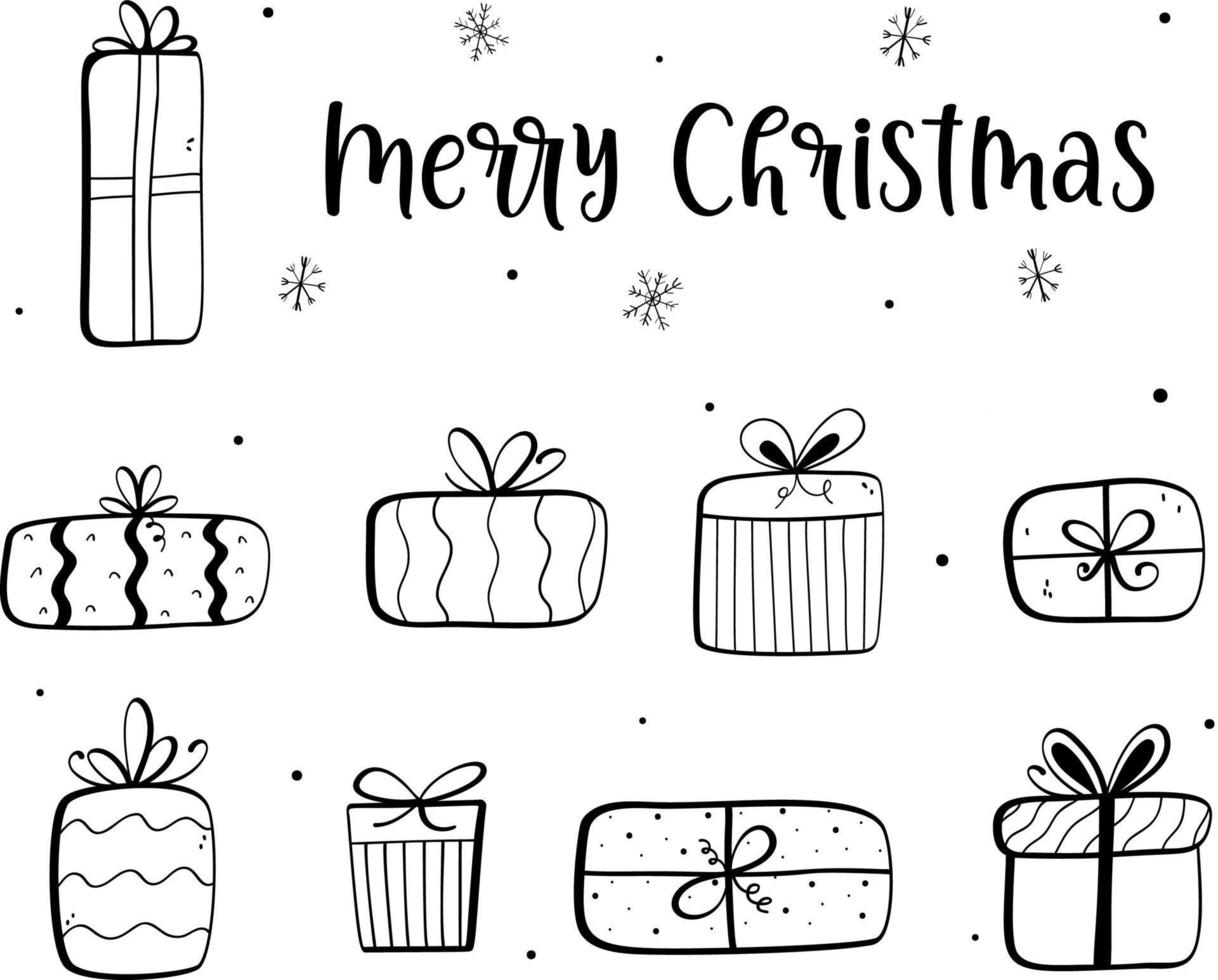 Hand drawn illustration in various shapes of Christmas gift boxes. Doodle cute sketch style design for stickers. Great design element for Christmas cards. vector