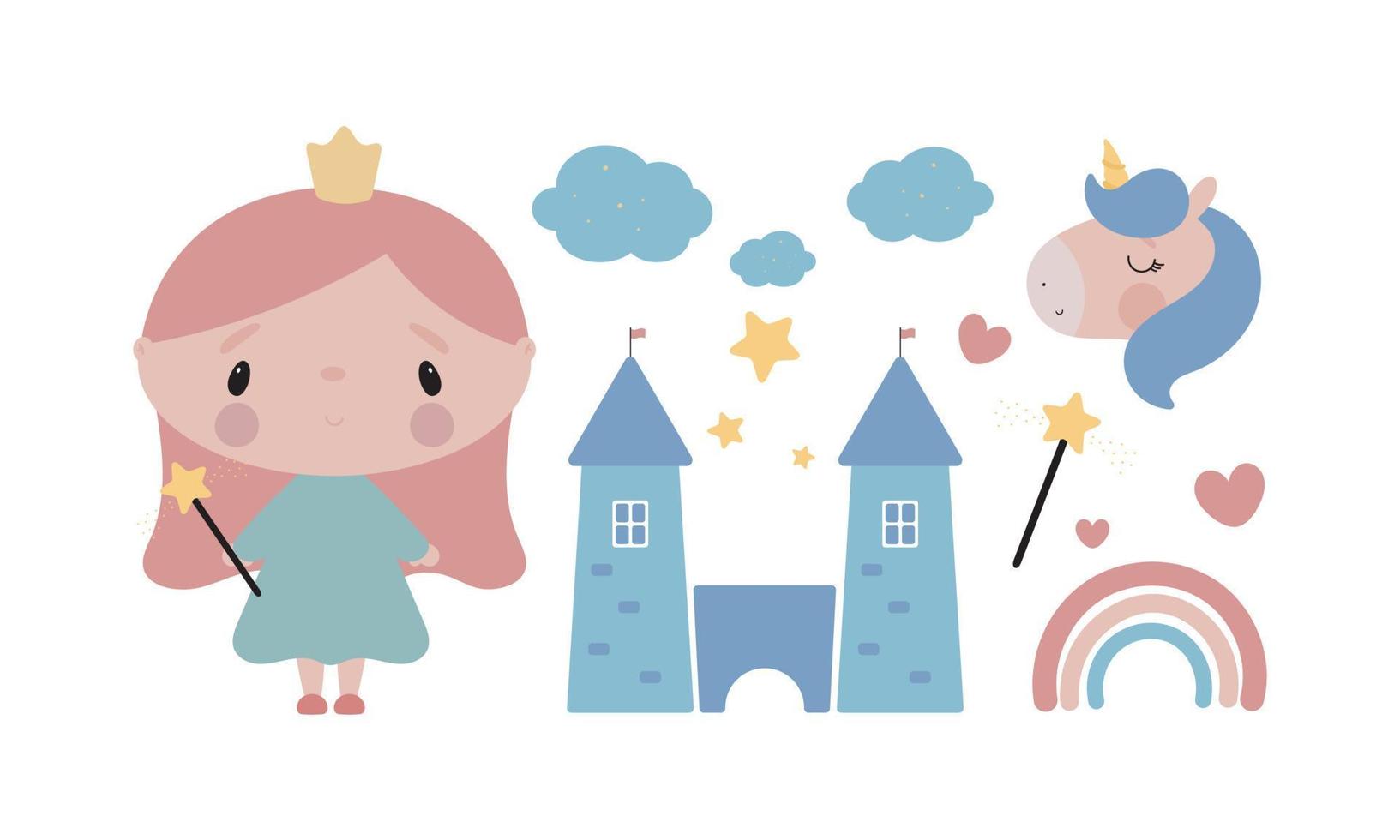 Princess set. Princess, unicorn, castle, magic wand, rainbow. Vector illustration on a white background. For card, posters, stickers, printing on the pack, printing on clothes, fabric.