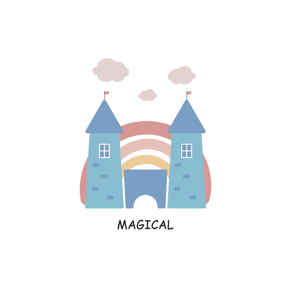 Print with magic Castle. Vector illustration on a white background. For posters, invitations, banners, printing on the pack, printing on clothes, fabric, wallpaper.