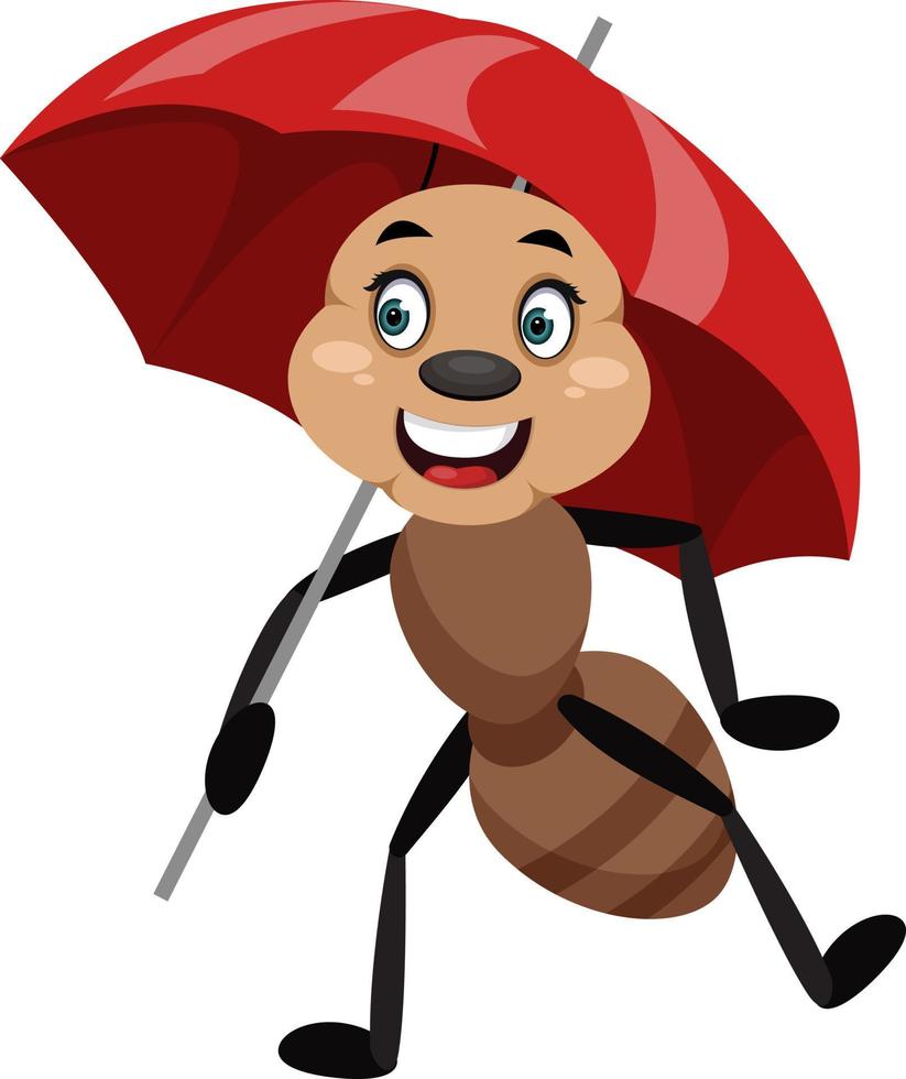 Ant with umbrella, illustration, vector on white background.