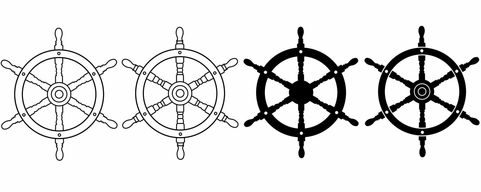 Conjunto de ruedas de barco de silueta de contorno aislado sobre fondo blanco vector