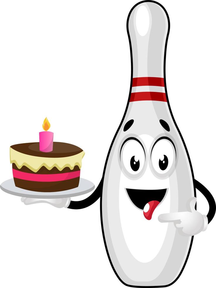 Bowling pin with birthday cake, illustration, vector on white background.