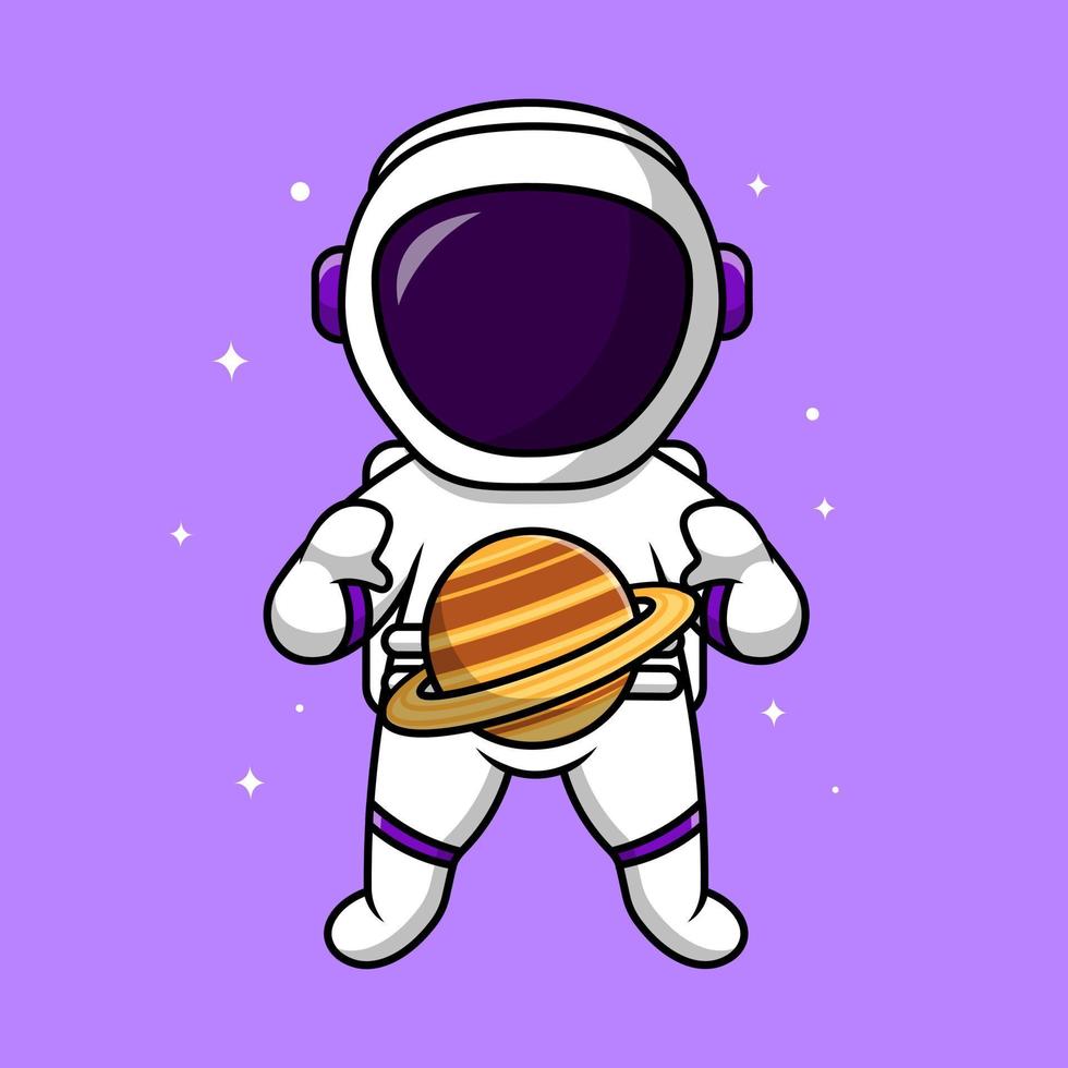 lindo astronauta flotando con la ilustración de iconos vectoriales de dibujos animados del planeta saturno. concepto de caricatura plana. adecuado para cualquier proyecto creativo. vector