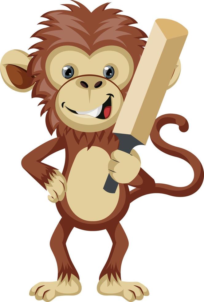 Monkey with cricket bat, illustration, vector on white background.