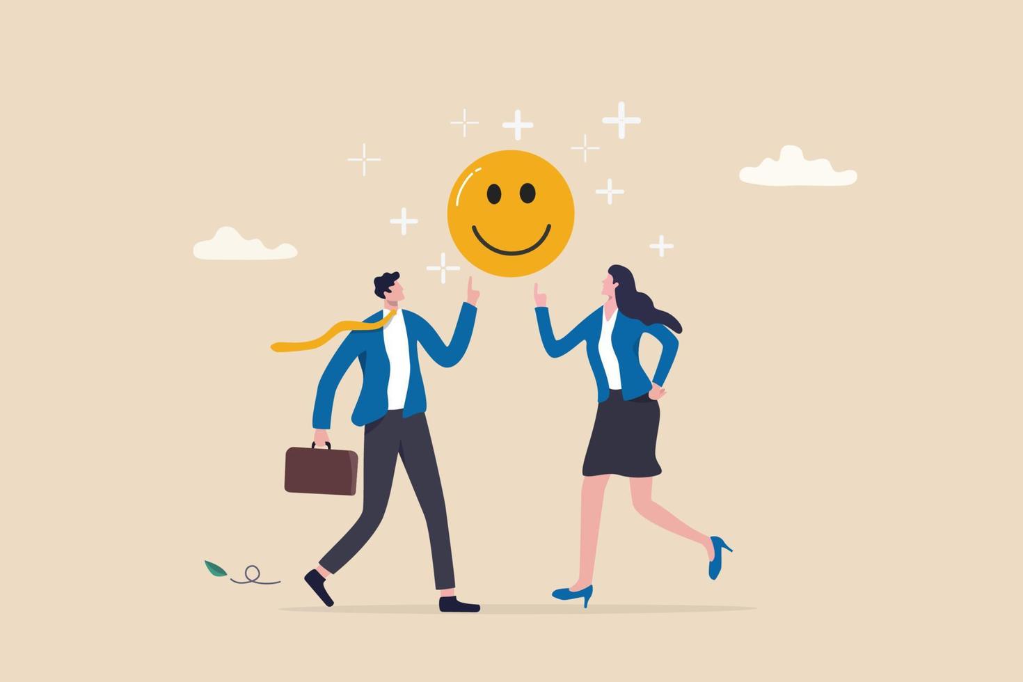 felicidad de los empleados, satisfacción laboral o beneficio de la empresa, lugar de trabajo feliz o actitud positiva, concepto de motivación laboral, hombre de negocios feliz y mujer con el símbolo de la cara sonriente en un lugar de trabajo alegre. vector