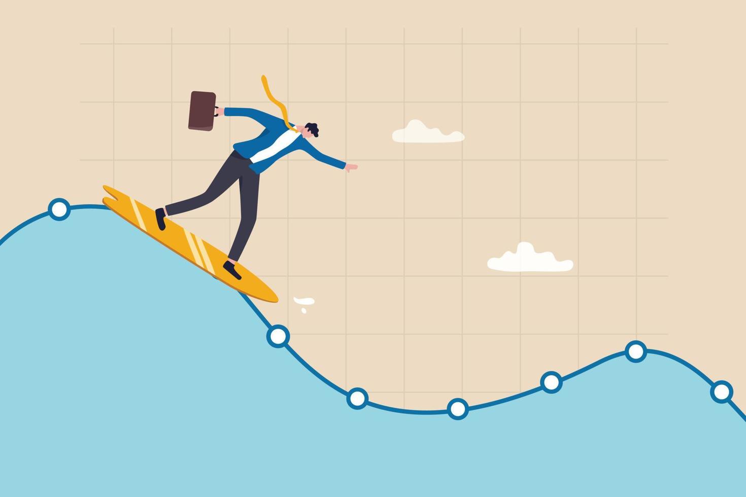 Survive in stock market volatility, professional to smooth ride in market downturn, recession, investment fluctuation or market up and down, confidence businessman surfing on stock market wave chart. vector