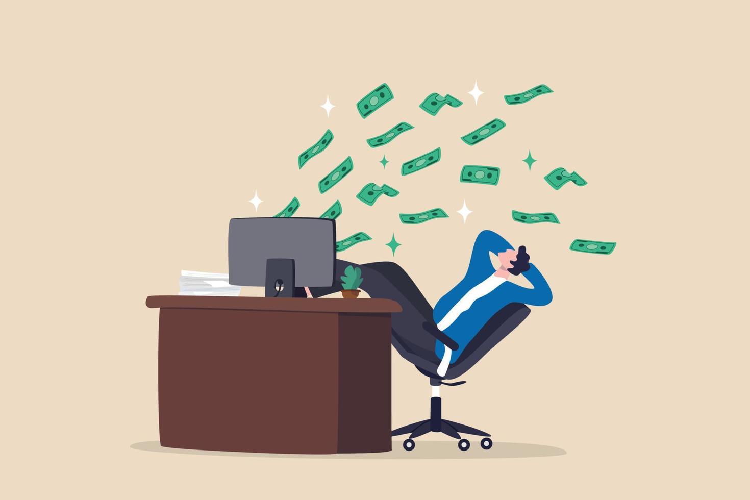 Make money online, earn passive income from internet job or side hustle, make profit or earning from investment or stock trading, easy money concept, rich businessman relax making money from computer. vector