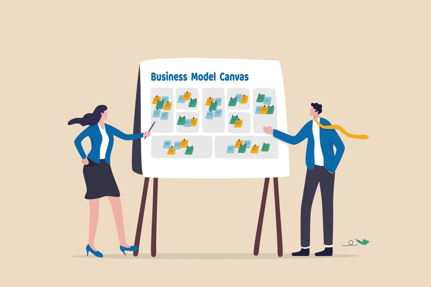 Business model canvas, brainstorm for business idea or plan to achieve goal, management strategy, product research or how to make money concept, business people present business model on whiteboard. vector