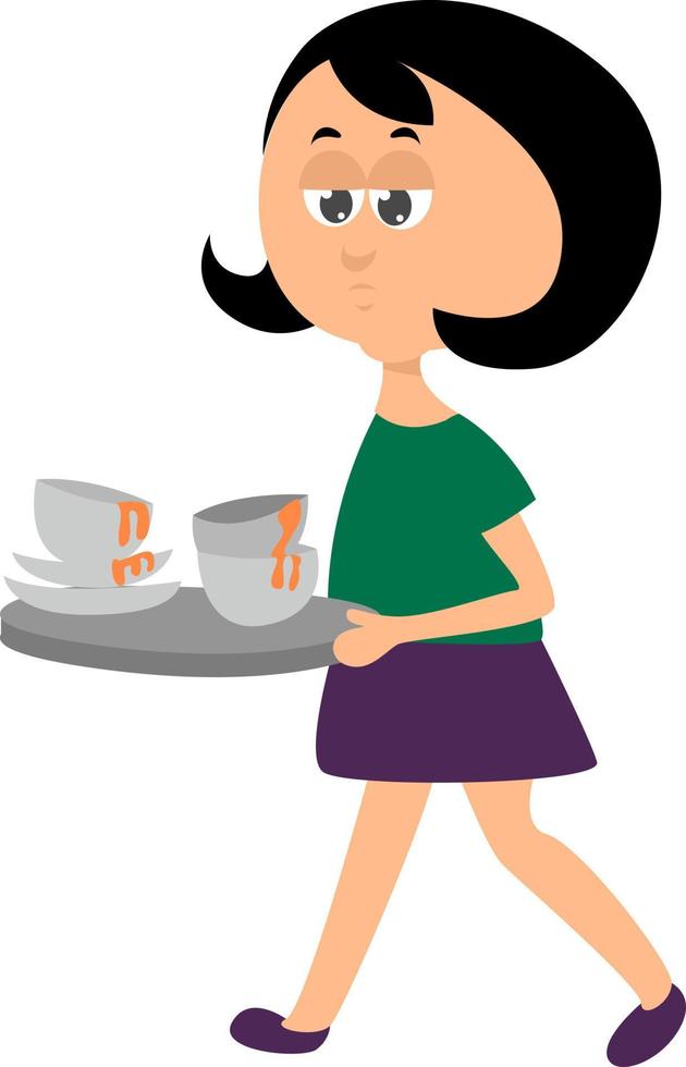 Woman carrying dirty dishes, illustration, vector on white background