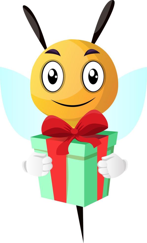 abeja sonriente sosteniendo un regalo, ilustración, vector sobre fondo blanco.