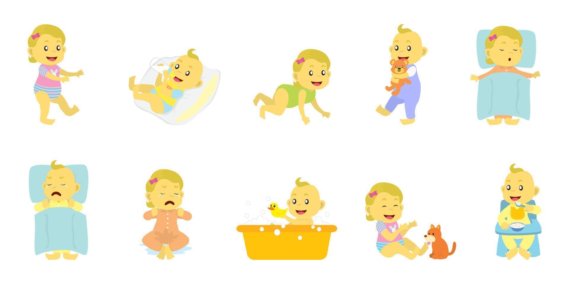 baby's daily activities, drinking milk, crying, playing with dolls and others, suitable for children's story books, stickers, mobile applications, games, websites, posters, t-shirts and printing vector