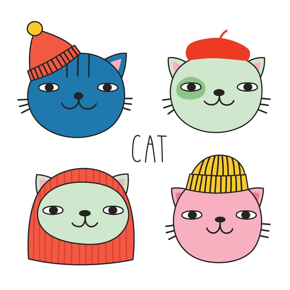 A set of cute cats' faces in different hats. Doodle style. Vector illustration