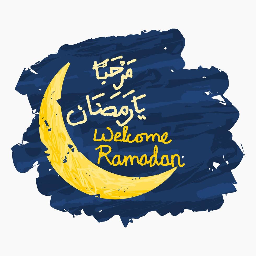 Editable Crescent Moon on Night Sky Vector Illustration With Brush Strokes Style and Marhaban Ya Ramadan Text in Arabic Script for Welcoming Islamic Fasting Month Design Concept