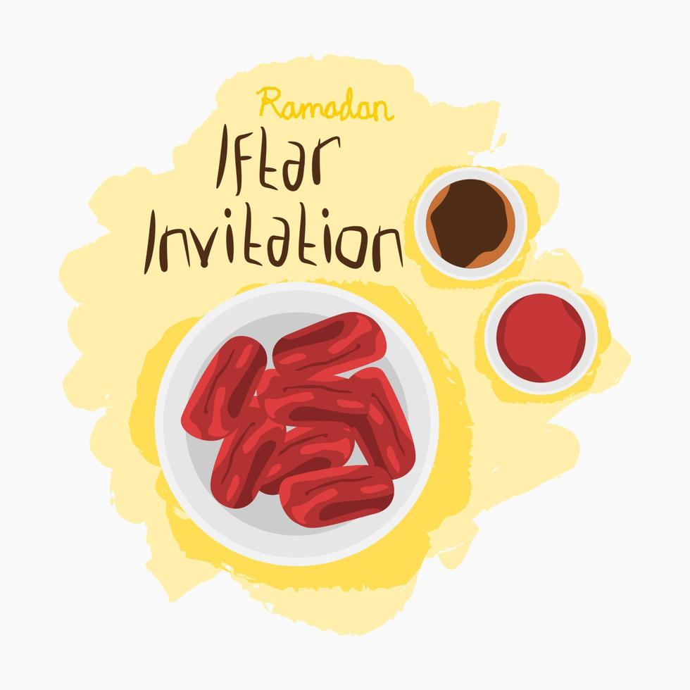 Editable Top View Dates Fruit With Coffee and Tea Vector Illustration on Brush Strokes for Ramadan Iftar Party Poster or Invitation Design Concept