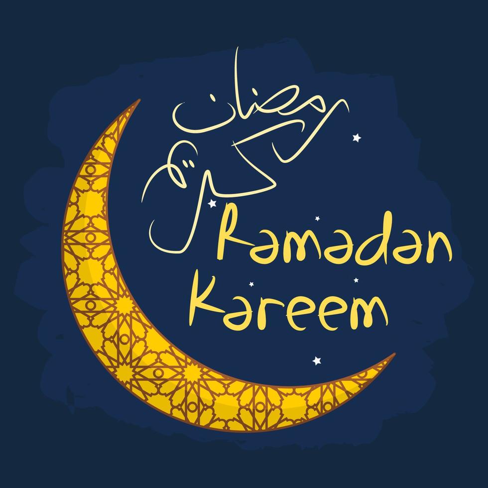 ilustración vectorial editable de luna creciente estampada con escritura árabe de ramadan kareem y estrellas en estilos de trazos de pincel del cielo de escena nocturna vector