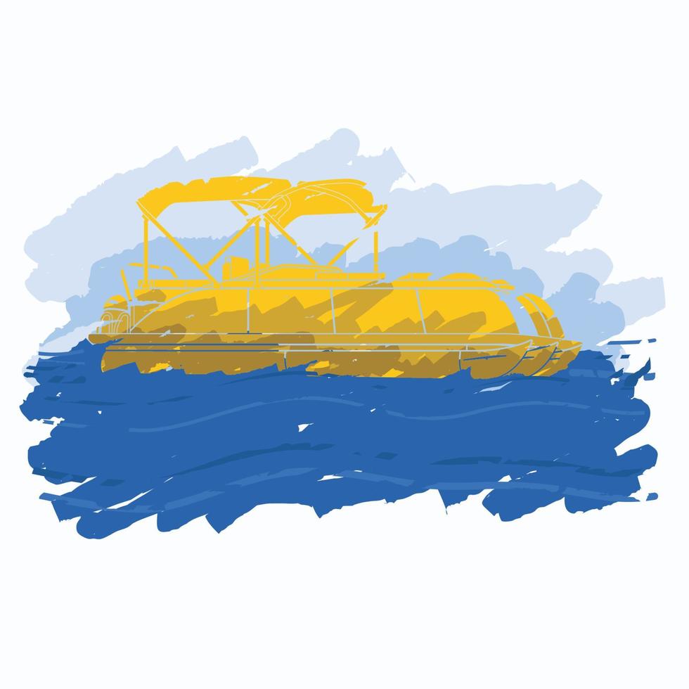 bote pontón de estilo de pinceladas planas aisladas editables en agua ondulada y cielo ilustración vectorial y vista lateral semioblicua para el elemento de arte de transporte o diseño relacionado con la recreación vector