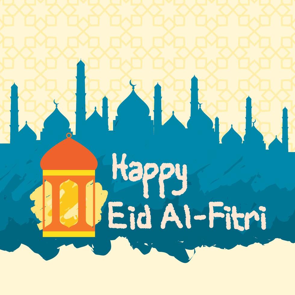 Editable Standing Arabic Lantern and Mosque Silhouette Vector Illustration in Brush Strokes Style on Patterned Background for Artwork Element of Eid Al-Fitri or Islamic Holy Festival Design Concept