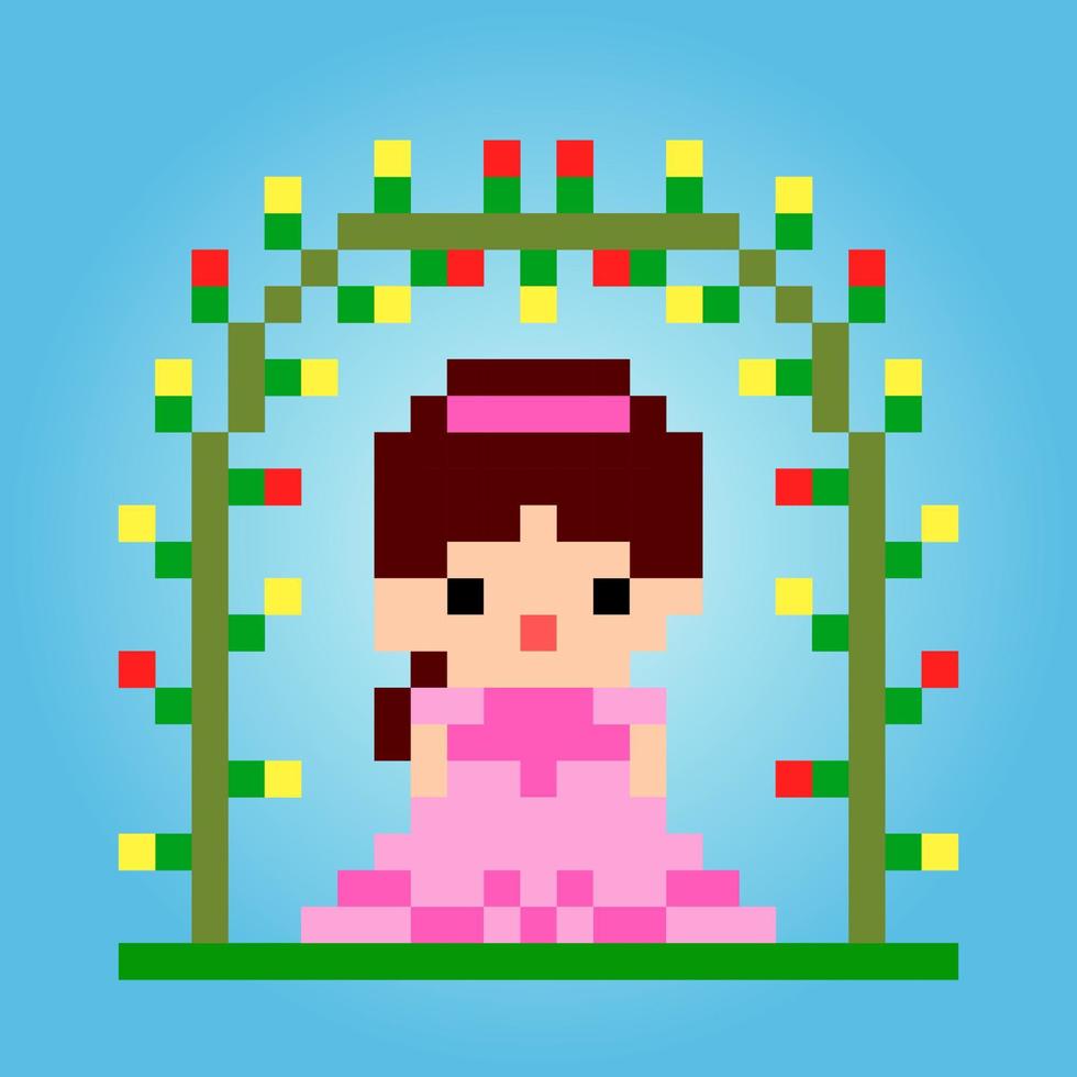 8 bit of pixel women's character. The little girl's daughter in vector illustrations for game assets or cross stitch patterns.