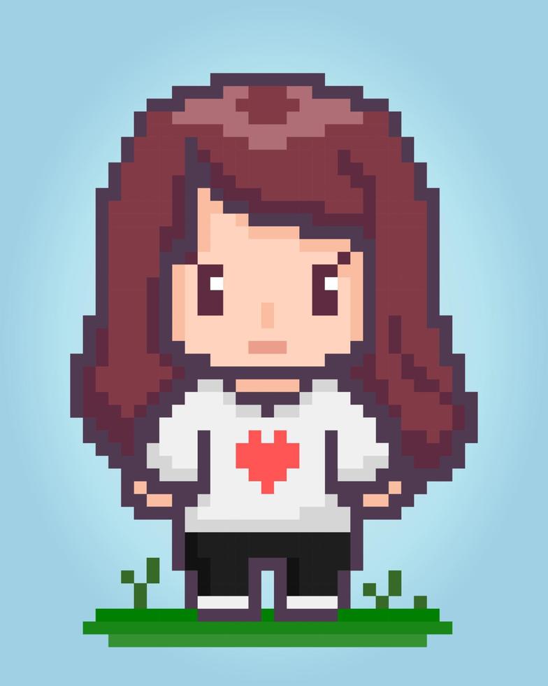 8 bit of pixel women's character. Anime cartoon girl in vector illustrations for game assets or cross stitch patterns.