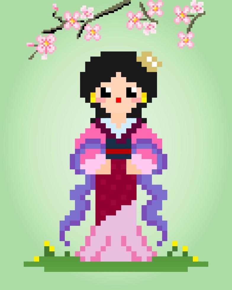 Las mujeres de píxeles de 8 bits usan vestidos hanfu. chicas chinas en ilustraciones vectoriales para activos de juegos o patrones de punto de cruz. vector