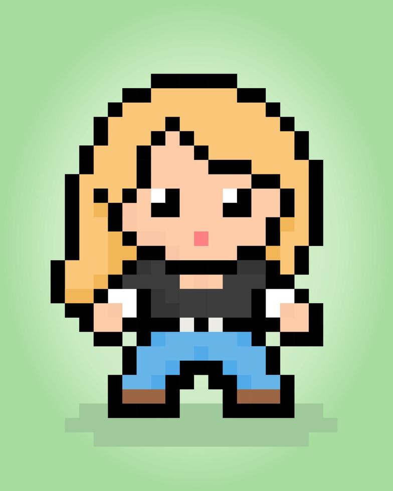 8 bit pixel girl black shirts. Women pixels for game assets and cross stitch patterns in vector illustrations.