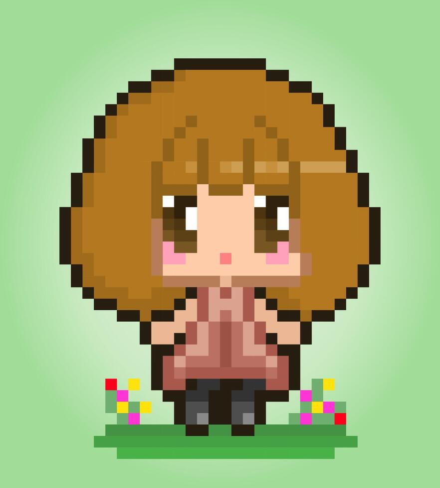 Personaje femenino de 8 bits de píxeles. chica de dibujos animados de anime en ilustraciones vectoriales para activos de juegos o patrones de punto de cruz. vector