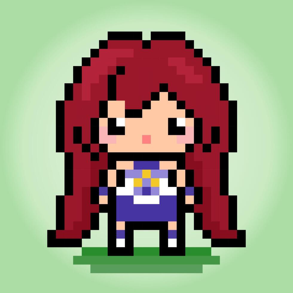 Personaje femenino de 8 bits de píxeles. chica de dibujos animados de anime en ilustraciones vectoriales para activos de juegos o patrones de punto de cruz. vector