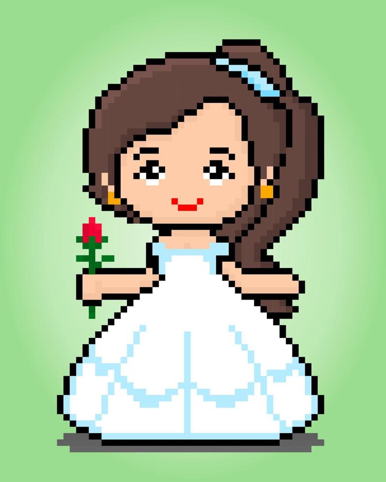 Chica de píxeles de 8 bits sosteniendo flores, píxeles de princesa para los activos del juego y patrones de punto cruzado en ilustraciones vectoriales. vector