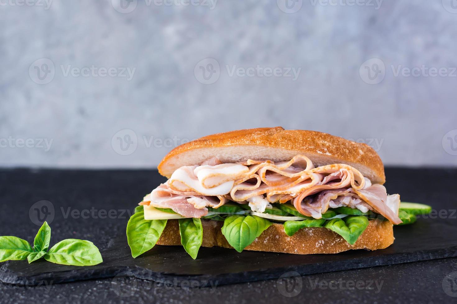 Appetizing sandwich with pastrami, cucumber, cheese and basil on the table. Copy space photo