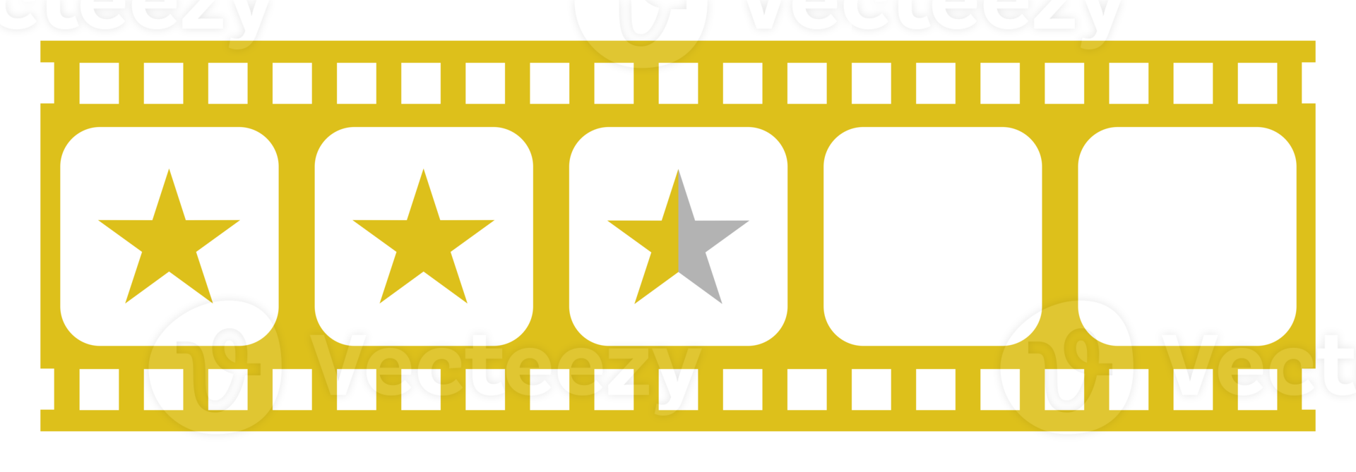 Bild der fünf 5-Sterne-Zeichen in der Filmstreifen-Silhouette. Sternbewertungssymbol für Film- oder Filmkritik, Piktogramm, Apps, Website oder Grafikdesignelement. Bewertung 2,5 Sterne. PNG-Format png