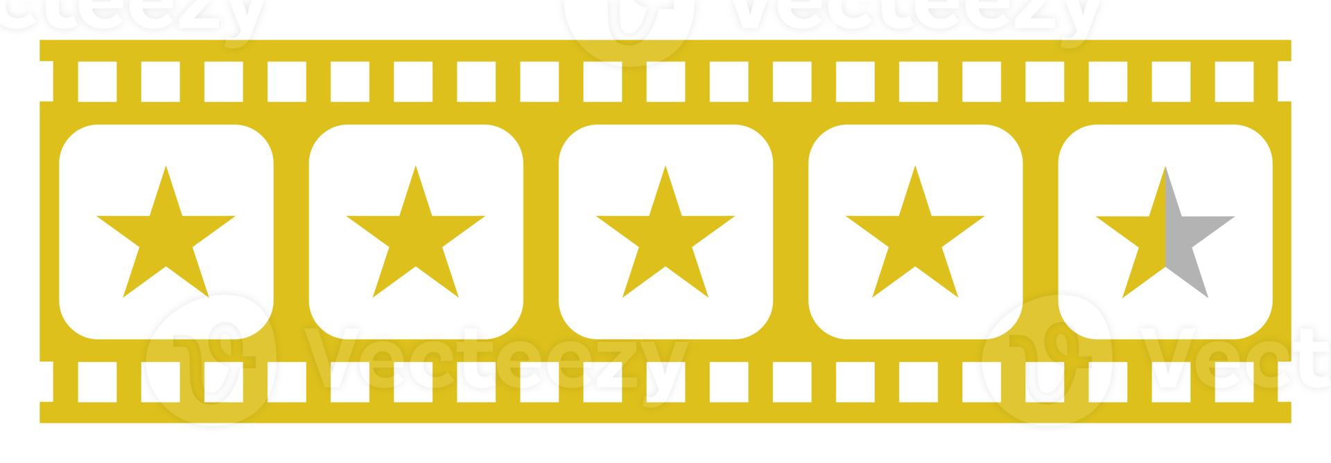 Visual of the Five 5 Star Sign in the Film Stripe Silhouette. Star Rating Icon Symbol for Film or Movie Review, Pictogram, Apps, Website or Graphic Design Element. Rating 4,5 Star. Format PNG