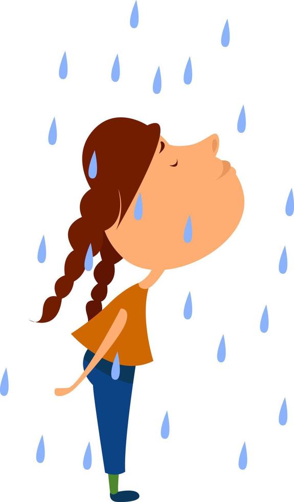 niña bajo la lluvia, ilustración, vector sobre fondo blanco