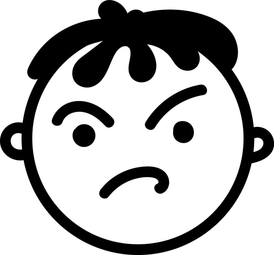 Angry boy with black hair, icon illustration, vector on white background