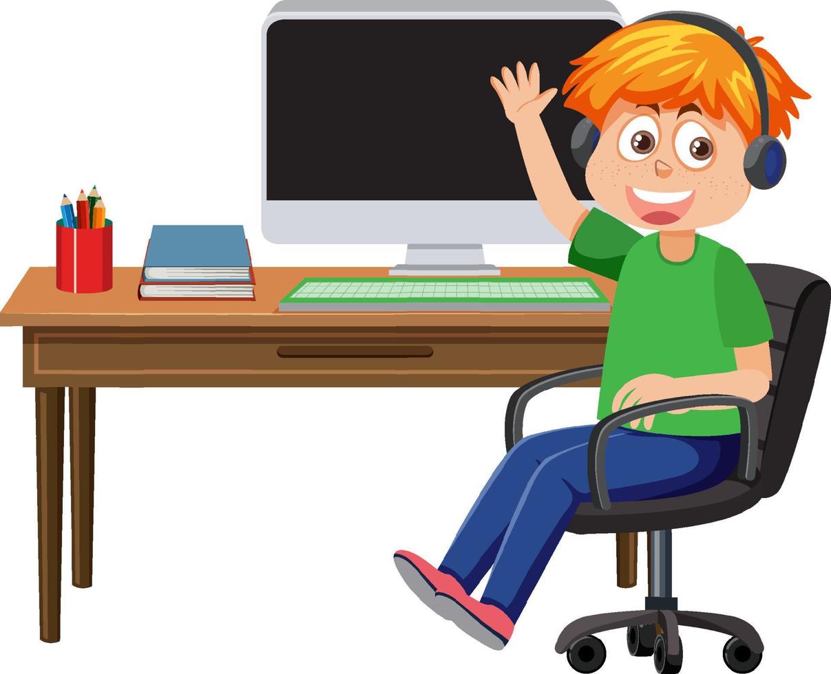 A boy sitting in front of computer vector