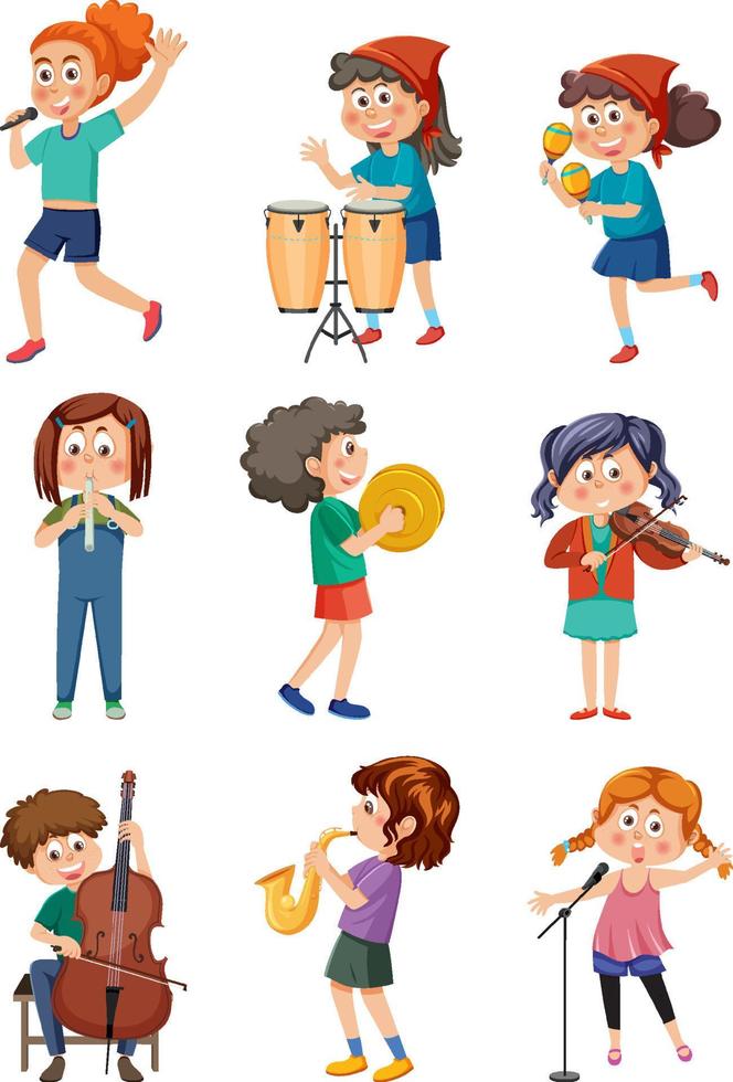 conjunto de diferentes niños tocando música vector