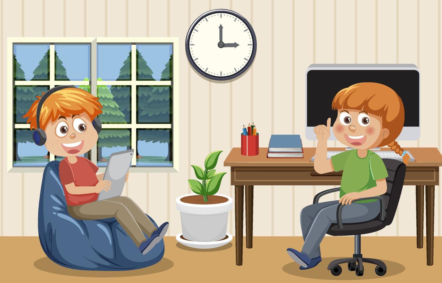 Children learning online at home vector