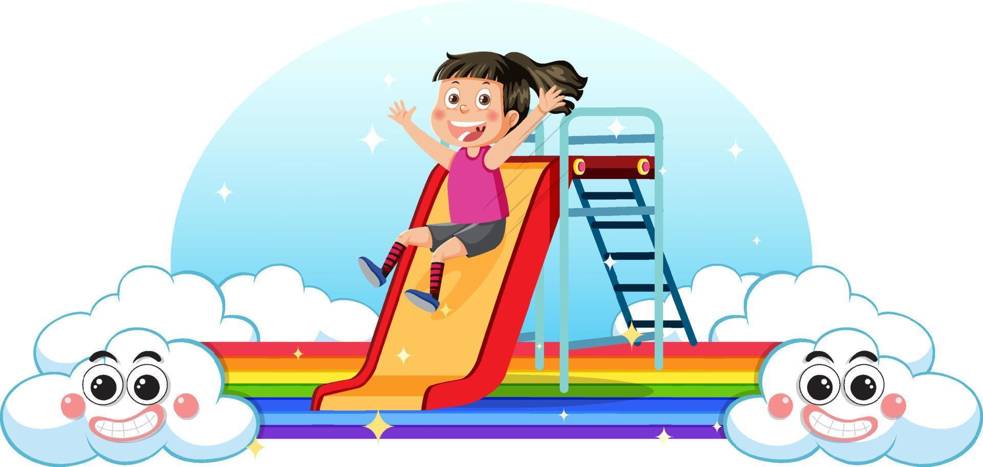 A girl on slide with rainbow vector