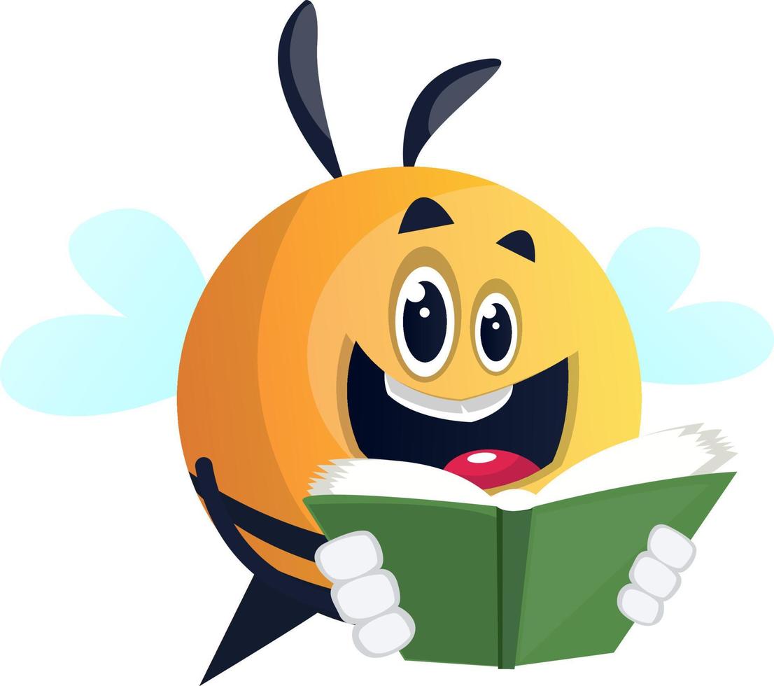 Bee reading a book, illustration, vector on white background.