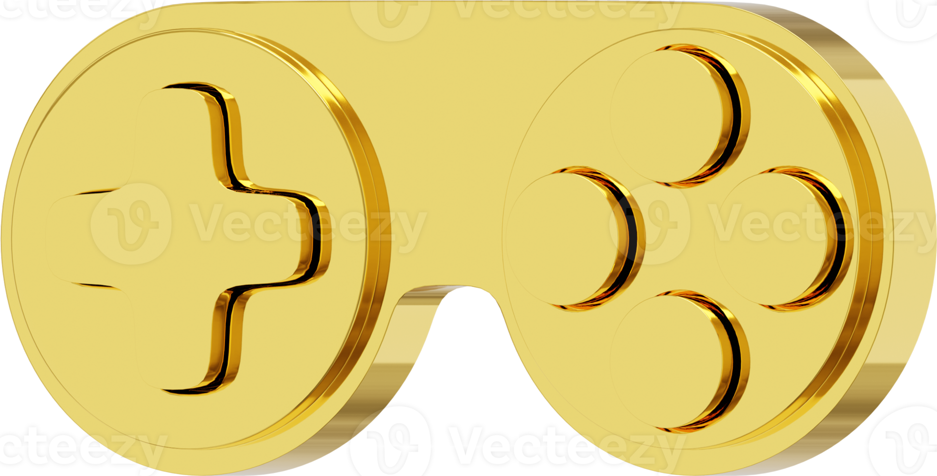 Minimalistic console game controller. PNG gold icon on transparent background. 3D rendering.
