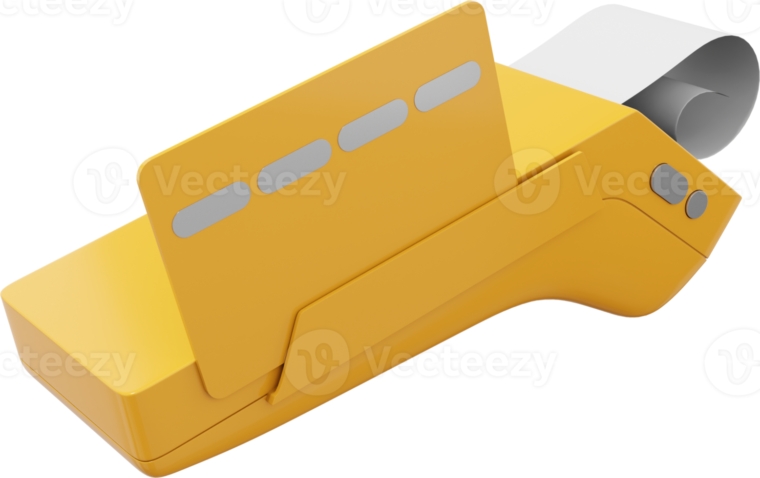 Payment Machine. NFC POS Terminal GPRS point with Paper Receipt and a credit card. Mockup screen. PNG on a transparent background. Monochrome yellow color. 3D rendering.
