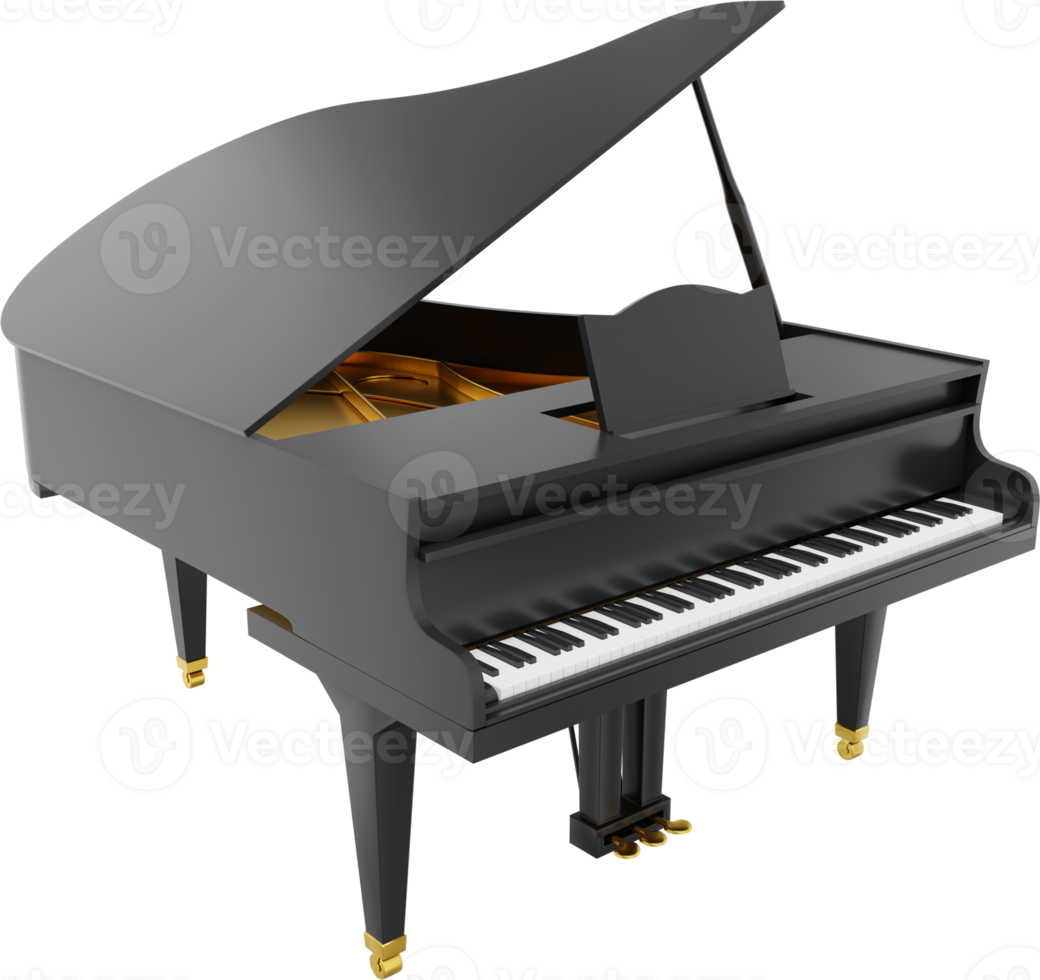 realistisk svart stor piano, musikalisk instrument. 3d tolkning. png ikon på transparent bakgrund.