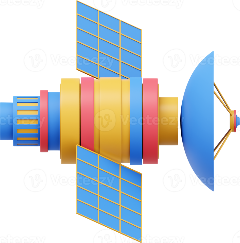 Space satellite with an antenna. Orbital communication station intelligence, research. 3D rendering. Multicolored PNG icon on transparent background.